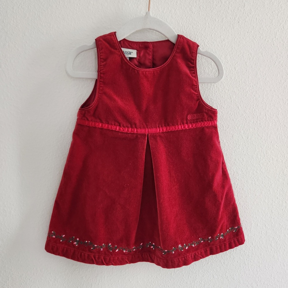 Vintage OshKosh Red‎ Velvet Embroidered Floral Holiday Christmas dress size 18m